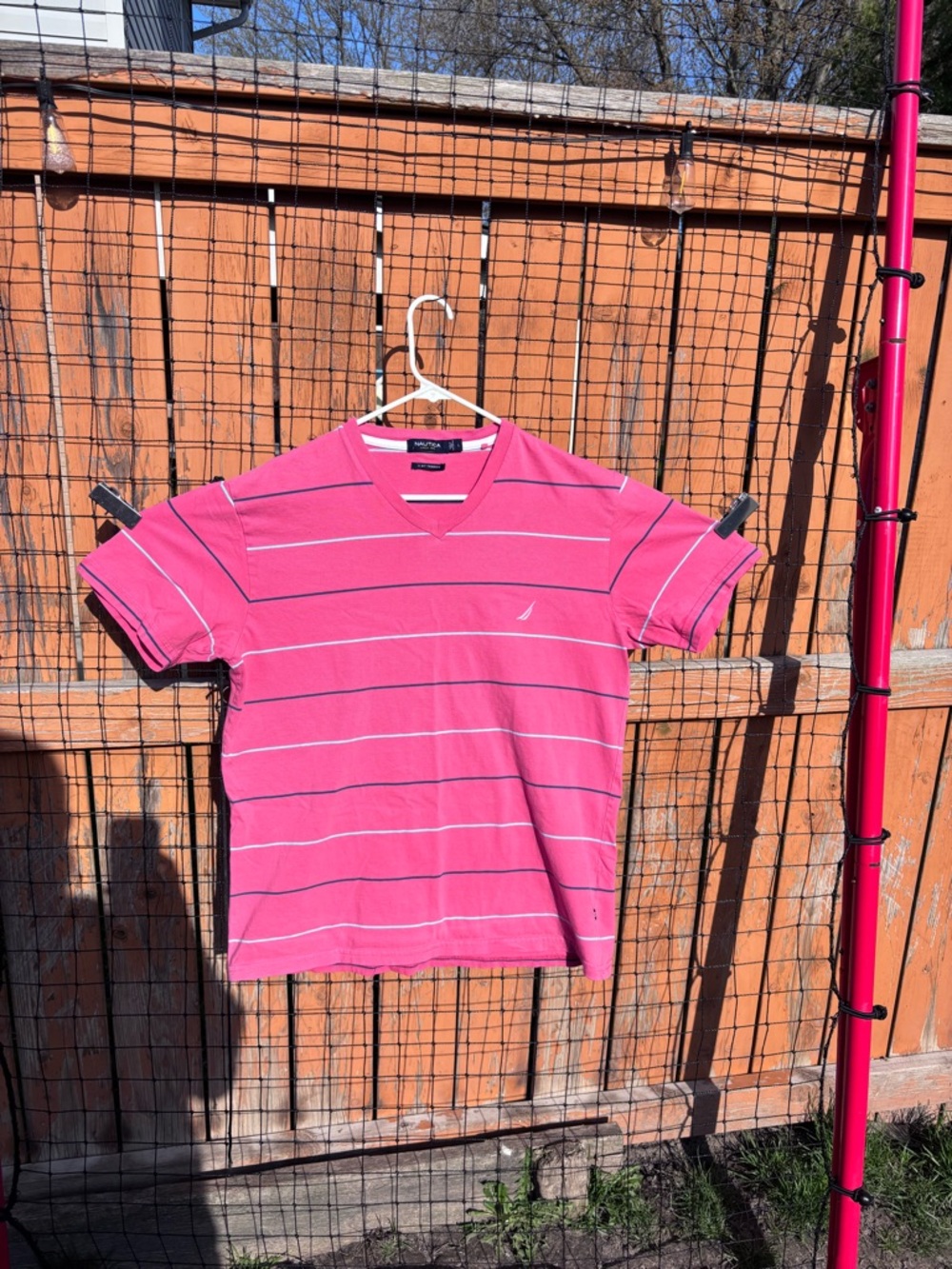 Nautica Pink V-Neck Tee with White and Light Blue Stripes